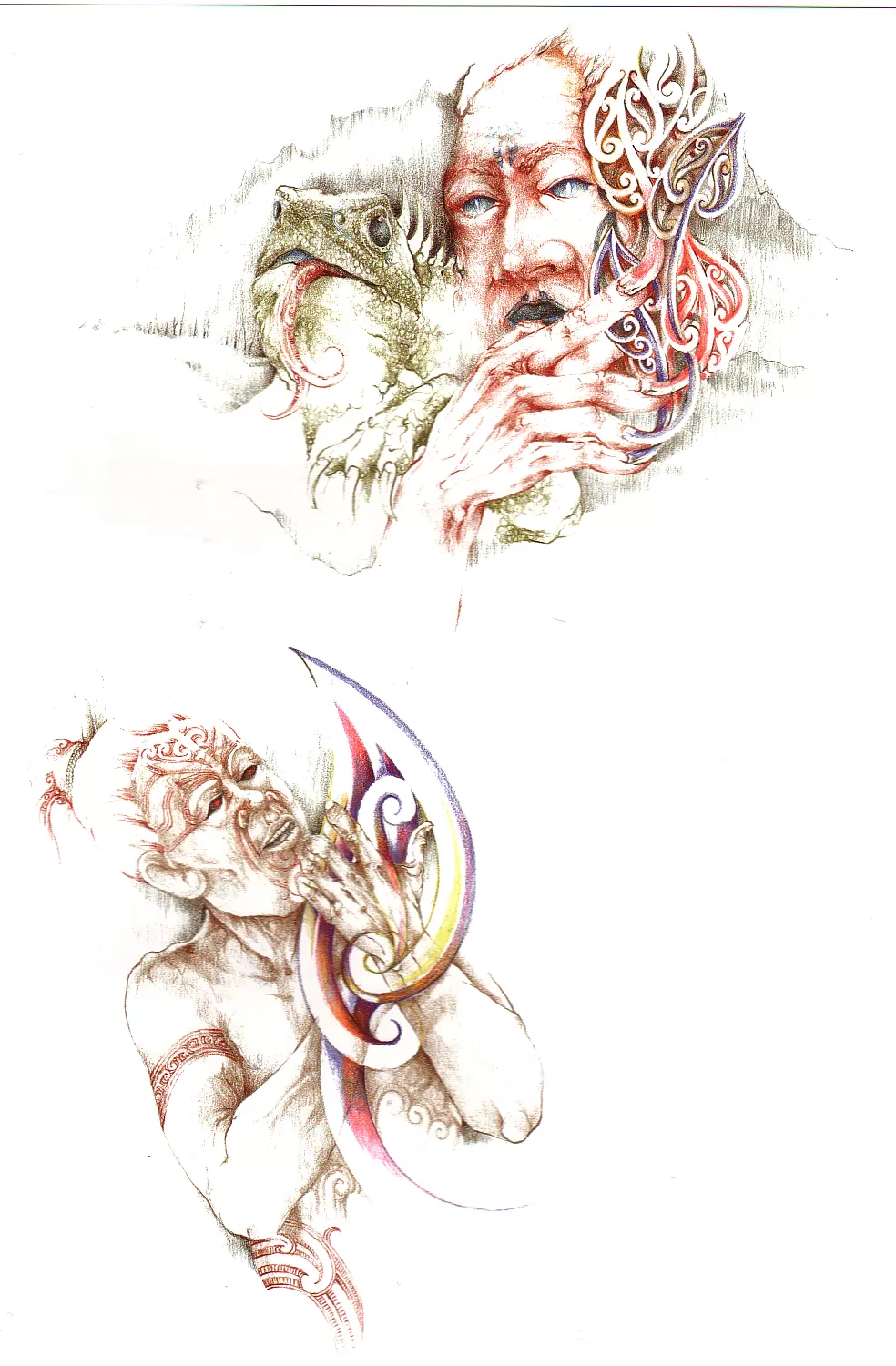 Elder with tuatara and warrior illustration